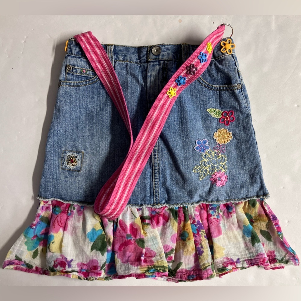 Girl’s Handcrafted Denim Shoulder Bag, Embroidered, Butterfly Lining, Faded Blue